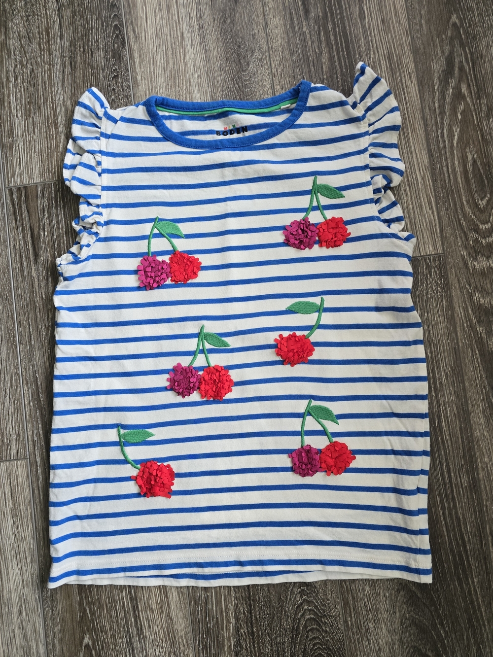 Mini Boden Blue & White Stripe Tank Top with Pink & Red Cherry Appliqués